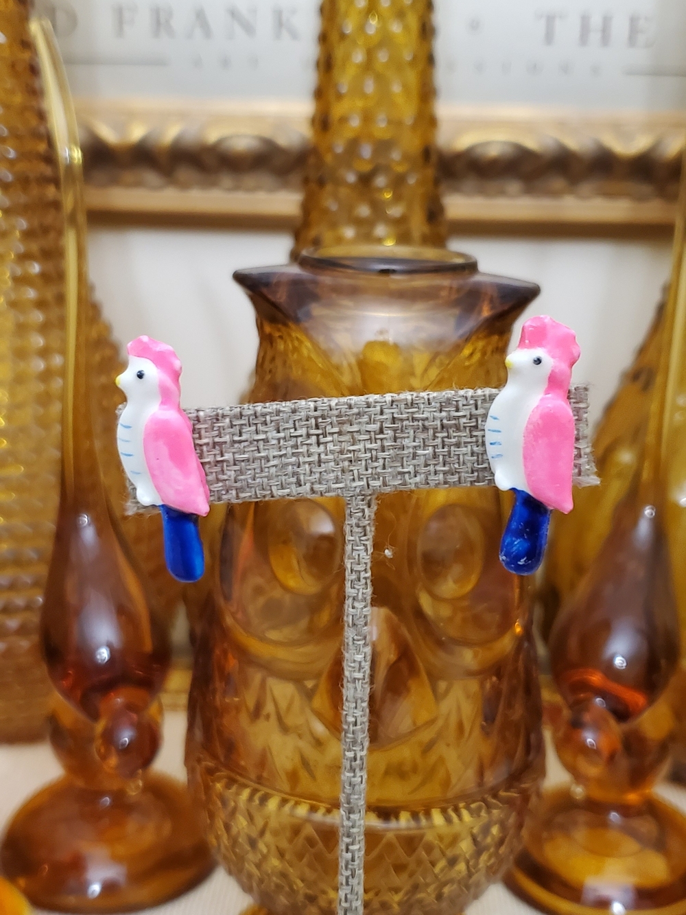Pink & Blue Parrot Bird Stud Earrings Vintage New Old Stock